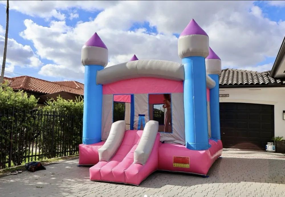 The Pink Castle set up in front of a home